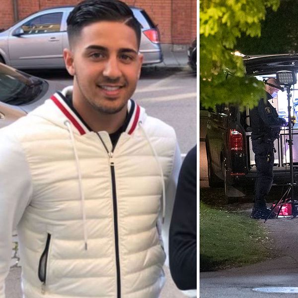 bild på Younes till vänster och till höger polisbil och tekniker från mordplatsen.