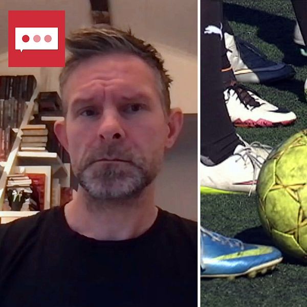 Till vänster: Magnus Dahlstedt, forskare på Linköpings Universitet. Till höger: Fotbollsskor och fotbollar