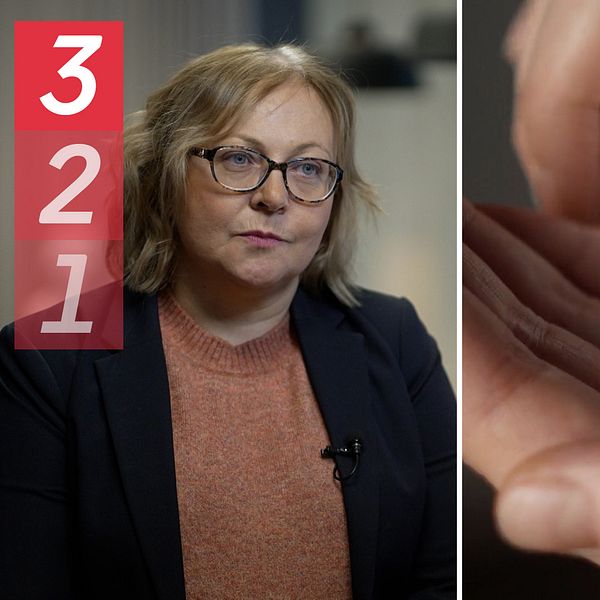 Till vänster en blond kvinna med glasögon, till höger en hand med vita piller