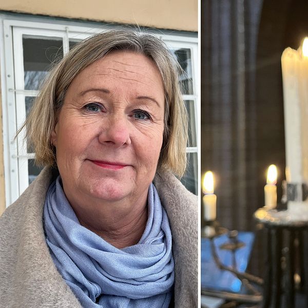 En äldre kvinna utomhus, en närbild på ett ljus inne i en kyrka.
