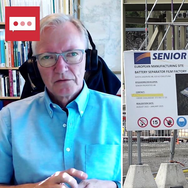 Till vänster en porträttbild på seniorprofessor Åke Bergman. Till höger en bild från Seniors pågående fabriksbygge.