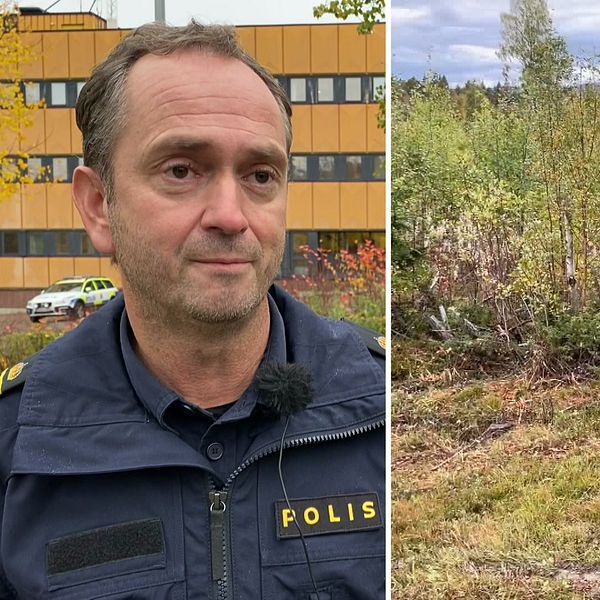 Polisen Tony Östman, och en bild på terrängen där mannen hittades. En vägkant med träd.