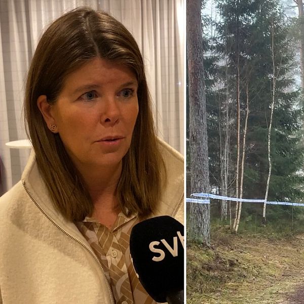 Pernilla Törsleff, vice chefsåklagare intervjuad. Polisbil med avspärrningsband.