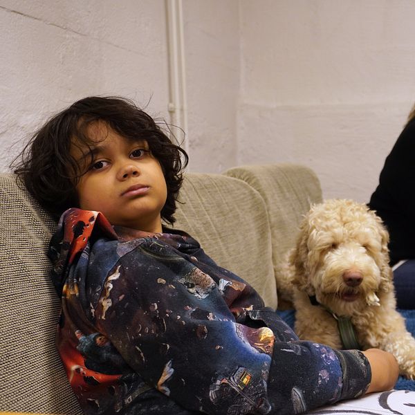 Pojke och kvinna sitter i soffa med hund