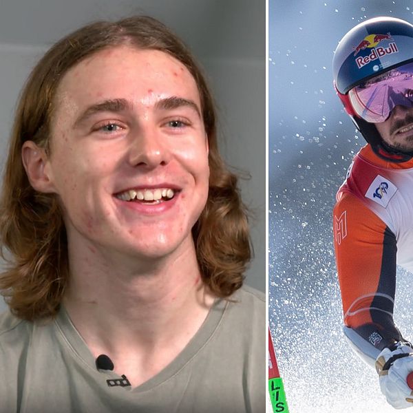 En delad bild som visar två sektioner. Den vänstra sektionen visar en person med långt hår, som sitter och tittar mot kameran. Den högra sektionen visar en alpin skidåkare i fart, klädd i en färgglad skiddräkt och med en hjälm på. Skidåkaren är i en brant sväng på snöklädd backe.