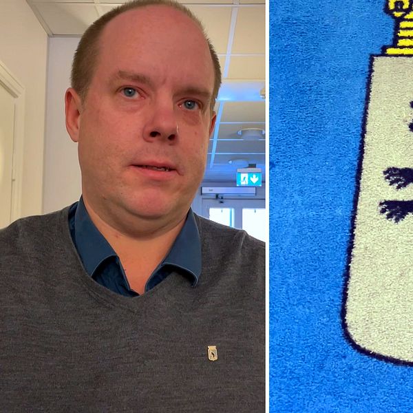 Andreas Sjölander (S), kommunalråd och en bild på en matta med Härnösands vapensköld.