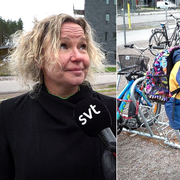 Kvinna som blir intervjuad och pojke med sin cykel.