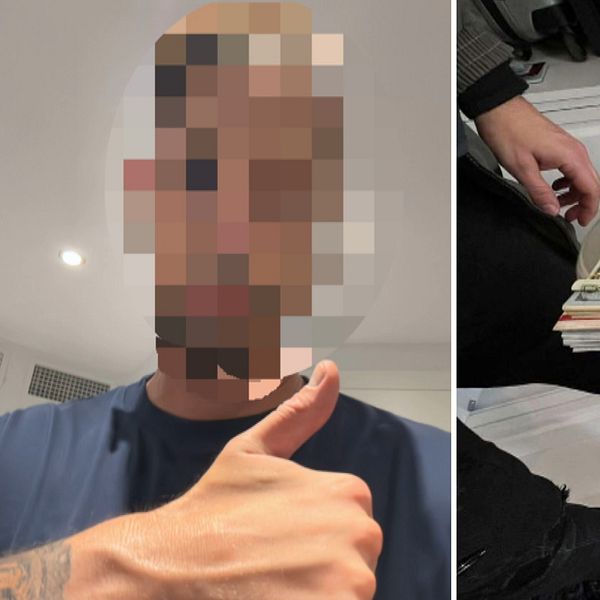 Person med pixlat ansikte ger tummen upp, bredvid buntar av olika valutor på ett bord.