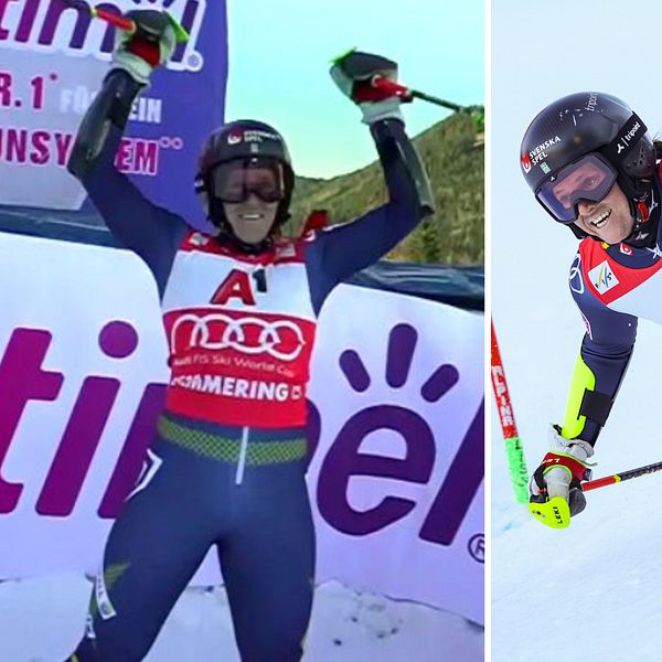 Bild med två sektioner som visar en alpin skidåkare. Till vänster firar skidåkaren seger på prispallen med händerna i luften. Till höger utför skidåkaren en sväng på snöiga backar, iförd tävlingsdräkt och skidor.