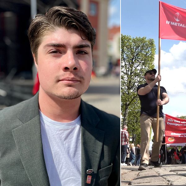 Delad bild. Till vänster: man i kavaj. Till höger: demonstration med röda banderoller på gata.