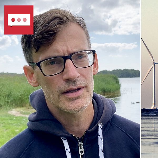 Tvådelad bild på dels Henrik Ny, universitetslektor i strategisk hållbar utveckling vid Blekinge tekniska högskola, och dels på vindkraftverk till havs.