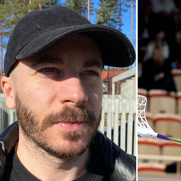 Tvådelad bild. Till vänster: Person i keps utomhus. Till höger: Innebandyspelare med klubba i arena.
