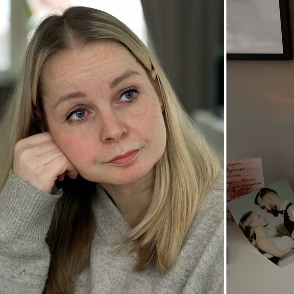 Linda Fredriksson är ensam kvar efter att hennes make Johan, till höger i bild, dött i Ukrainakriget.