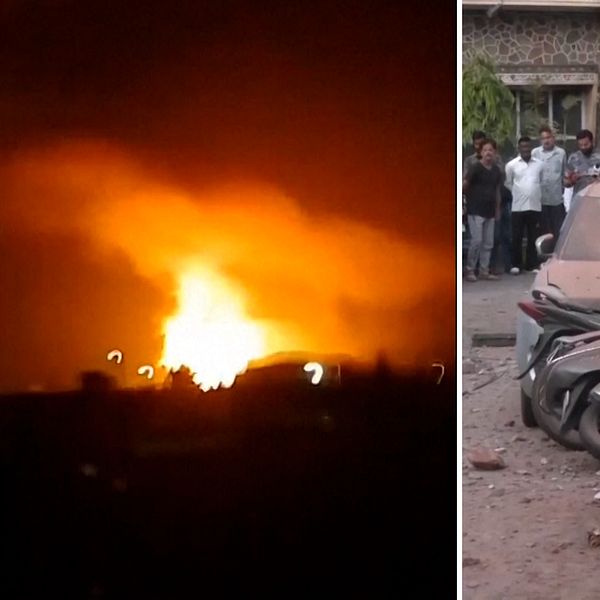 Delad bild. Till vänster: stor explosion i nattmörker. Till höger: skadade bilar på gata.