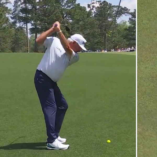 Tvådelad bild. Vänster: golfare slår. Höger: golfboll nära hål på greenen.