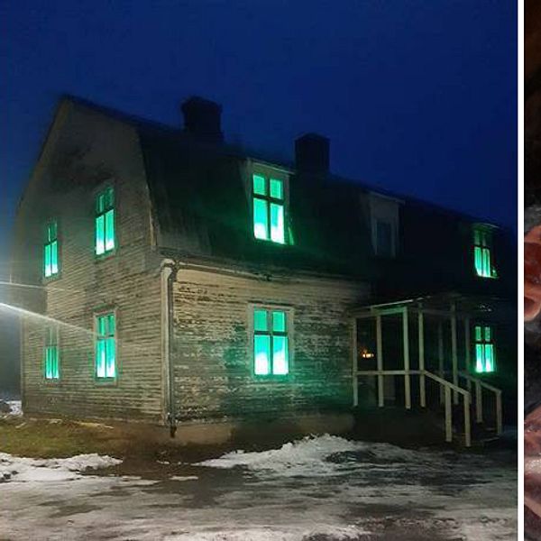 Till vänster: det så kallade spökhuset i Luleå. Till höger: Bild på oljemålning föreställande ljushyad kvinna med röda kläder.