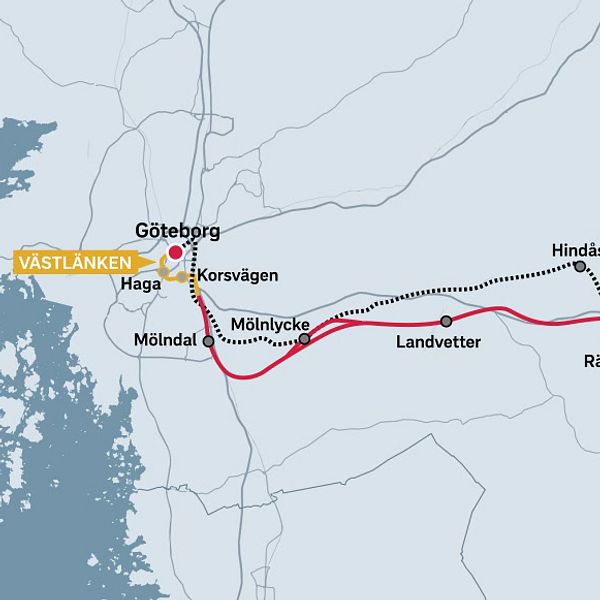 Karta över nya järnvägsdragningen från Göteborg till Borås