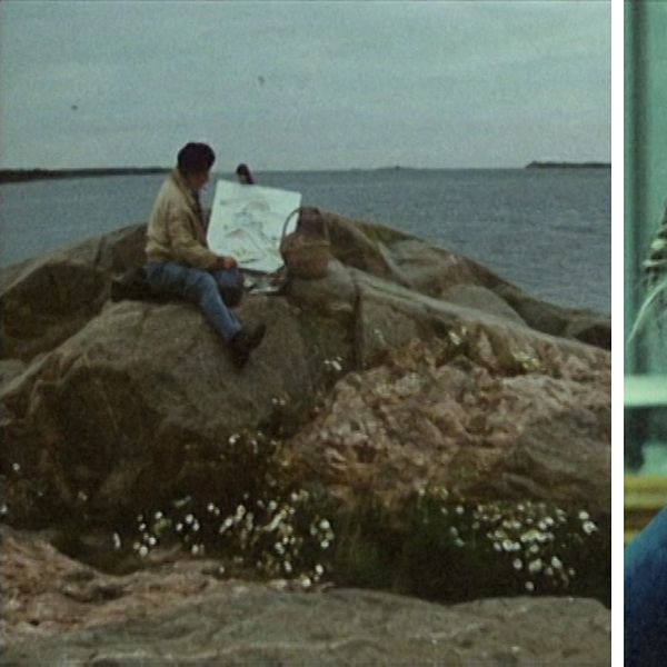 Till vänster sitter en konstnär och målar på en canvas på en klipphäll vid havet. Till höger ett porträtt på konstnären.