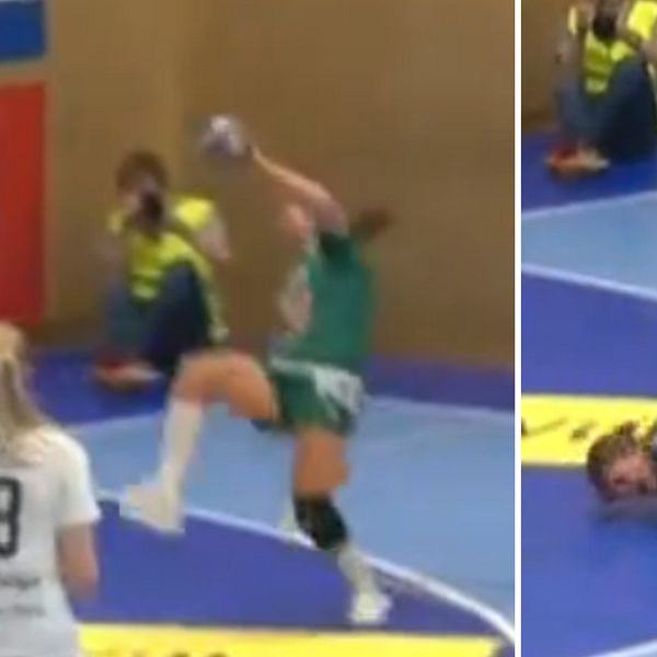 En delad bild som visar två scener från en handbollsmatch. Den vänstra delen visar en spelare i en grön tröja som hoppar och kastar bollen mot mål. Den högra delen visar en annan spelare i en vit tröja som ligger på golvet, medan en medspelare står nära och visar oro.