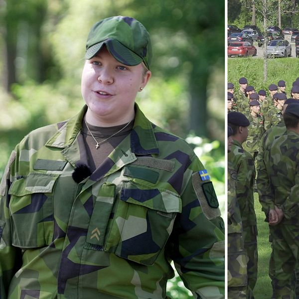 Laura Prusila i svensk militäruniform framför soldater på övningsfält