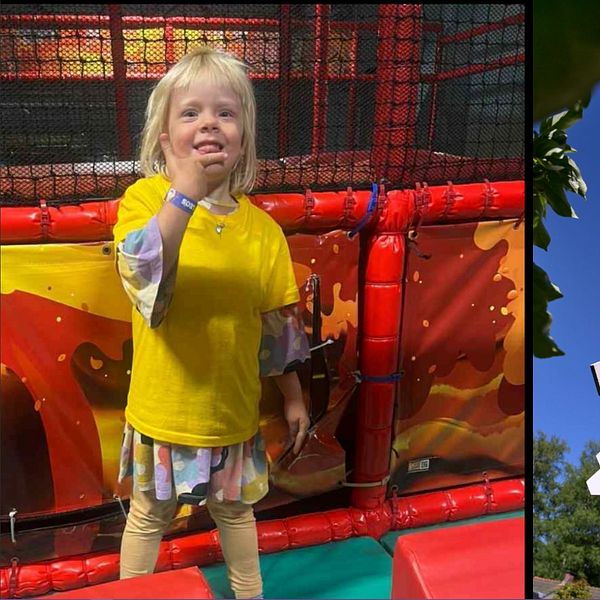 Märtha, fem år, i lekpark samt skyltar med vägbeskrivningar på Astrid Lindgrens Värld.