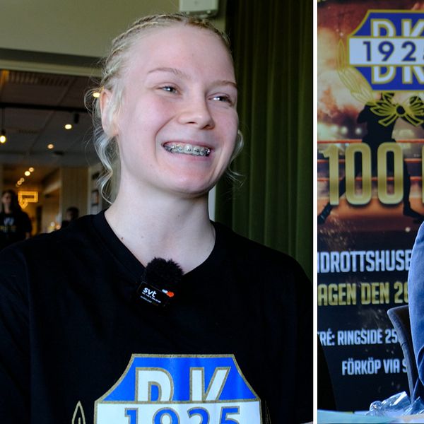 Delad bild. Till vänster: person i DK 1925-tröja. Till höger: två personer vid infobord och affisch.
