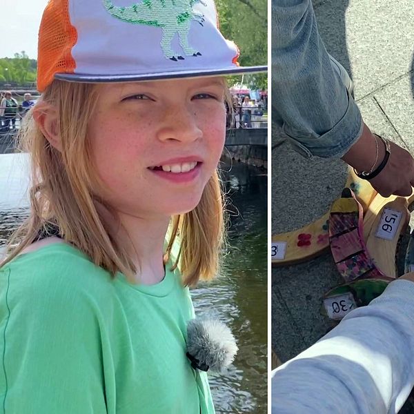 Flicka med keps och barn som sträcker sig efter träkorvar
