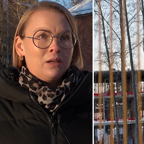 Socialdemokraternas kommunalråd i Skellefteå, Evelina Fahlesson i svart jacka till vänster. Till höger syns en byggarbetsplats.