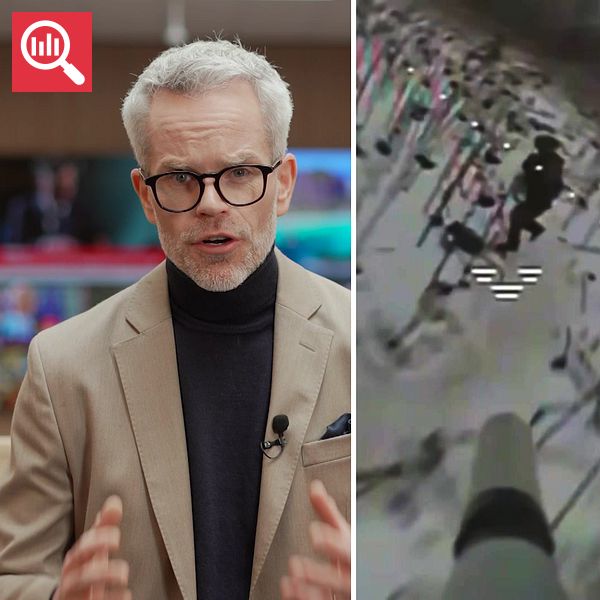 Tredelad bild. Vänster: Person talar. Mitten: Drönarperspektiv över stad. Höger: Fragment av övervakningsskärmar.