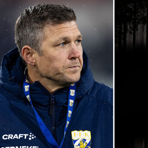 Tvådelad bild. Vänster: Person i IFK Göteborg-jacka. Höger: IFK Göteborgs logotyp.
