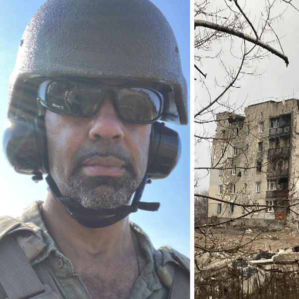 Delad bild. Till vänster, en man i hjälm, skyddsglasögon och hörselkåpor. Till höger, ett sönderbombat g´hus i Ukraina