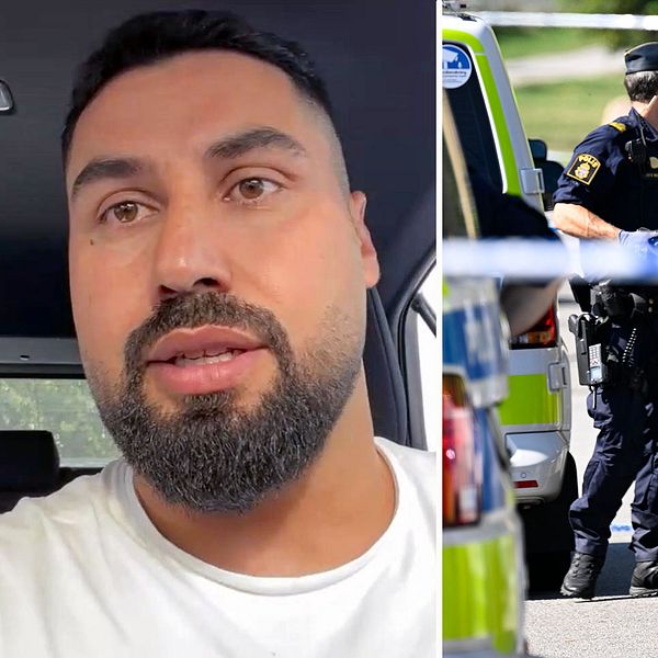 SVT-reportern till vänster på bild och poliser efter mordet på Rosengård till höger.