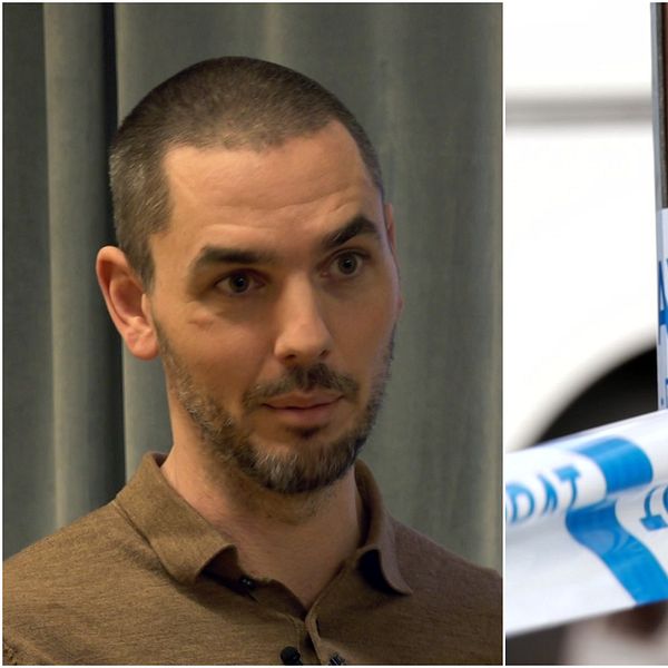 Tvådelad bild. Till vänster: man i brun tröja. Till höger: avspärrningsband runt träd.