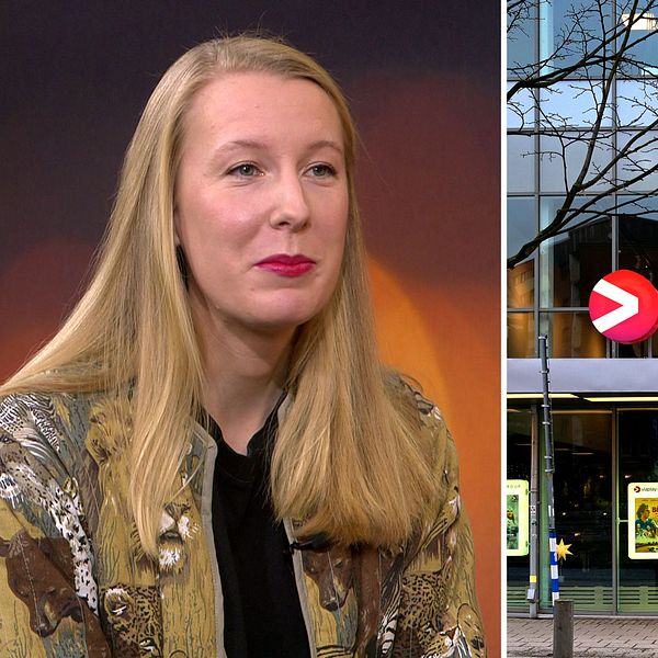 Linnéa Kihlström till vänster, till höger exteriören av Viaplays huvudkontor i Stockholm.