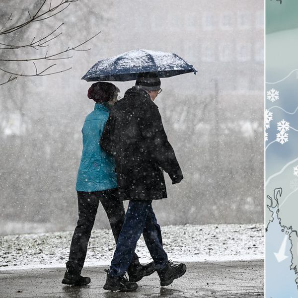 Par som går under ett paraply i snöoväder och en väderkarta