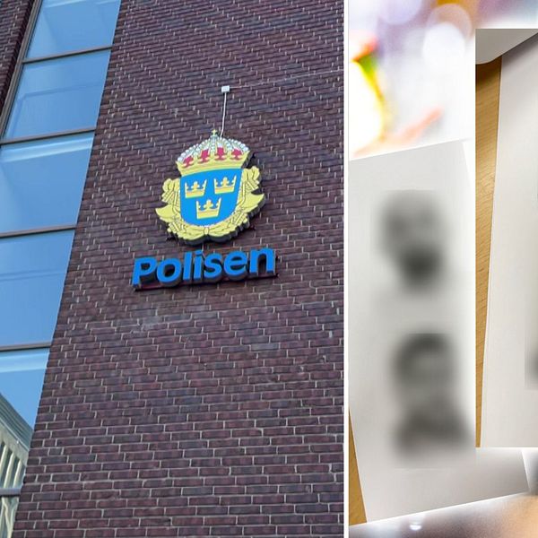 Till vänster i bild syns exteriören på polishuset i Sundsvall. Till höger i bild syns åtta personer vars ansikten är blurrade.