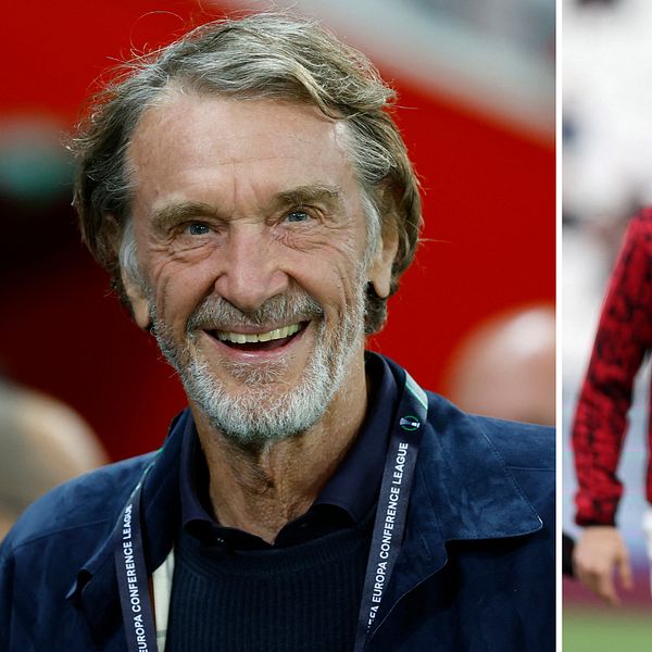 Till vänster: Jim Ratcliffe, brittisk miljardär och ny ägare till Manchester United. Till höger: några av spelarna i klubben, med Bruno Fernandes längst fram.