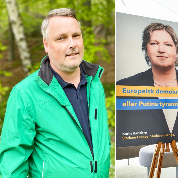Delad bild på Liberalernas förbundsordförande i Blekinge, Jesper Rehn, samt på valaffischer på partiets företrädare.