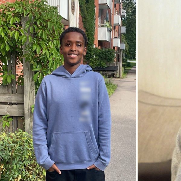 Tvådelad bild. Till vänster en leende Omar, till höger Omars märkbart berörde pappa Ismail.