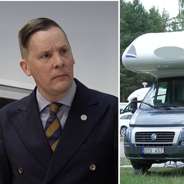 En bild på den moderata riksdagsledamoten Mats Green och en bild på en husbil på en camping en sommardag.