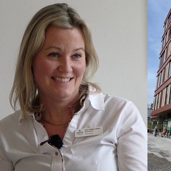 blond kvinna med vit skjorta som ler – entrén till Ersta sjukhus, stockholm