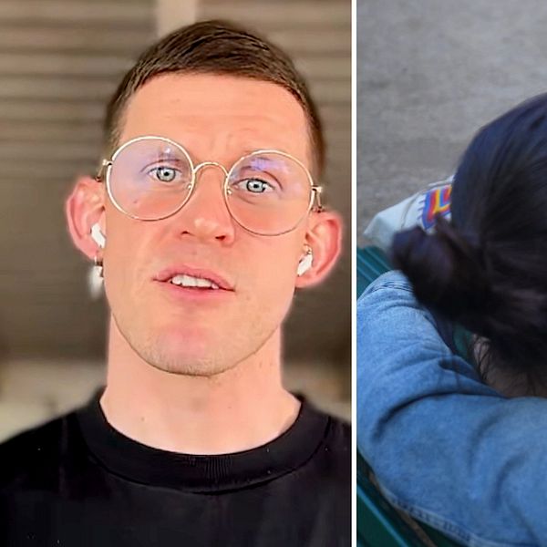 Tvådelad bild. Till vänster: Sexologen Kalle Norwald i svart tröja. Till höger: två personer ser på en mobil, den enda personen håller armen runt den andra.