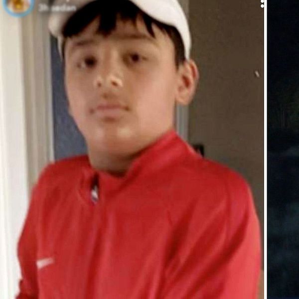 En pojke syns till vänster och till höger en bild på polisbil i mörker