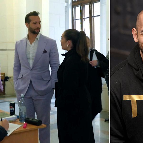 Frida Söderlund samtalar med Tristan Tate i en ljus inomhusmiljö.