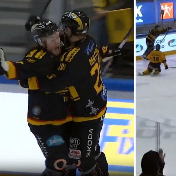 Delad bild. Till vänster: hockeyspelare firar mål. Till höger: pucken i mål bakom målvakten.