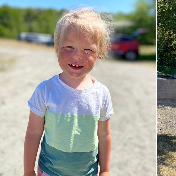 En blond flicka till vänster om bilden och en mörkhårig pojke som står och äter korv med sin pappa.