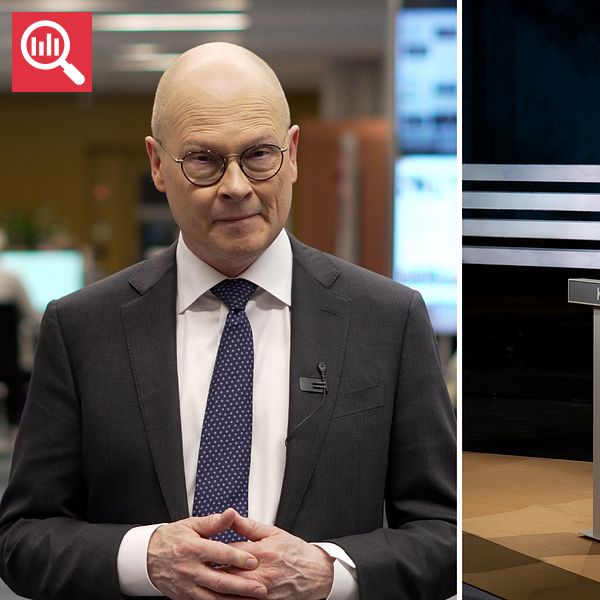 Delad bild. Till vänster, man i kostym. Till höger, två politiker står vid debattpulpeter.