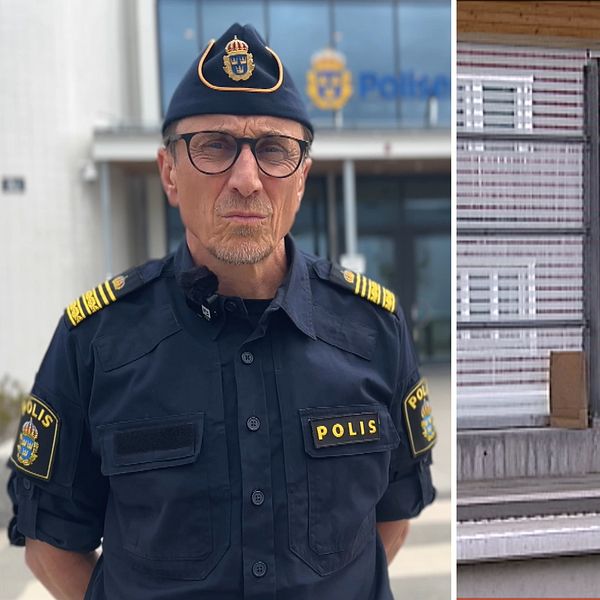 Delad bild. Polischefen Olle Andersson i uniform och med bekymras uppsyn och en del av en tågperrong.