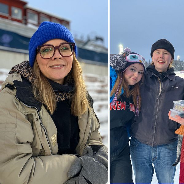 Sara Persson, Rebecca Barchéus, Christer Eriksson, står på läktaren vid Östersunds skidstadion.