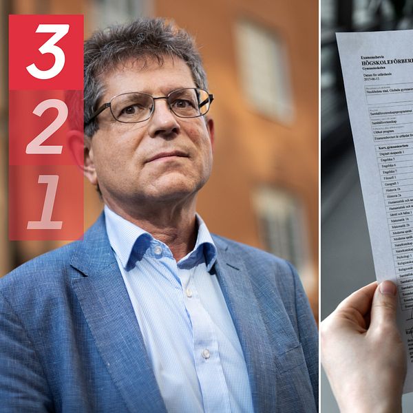 En delad bild som visar två sektioner. Till vänster syns en person klädd i en blå kavaj med en otydlig ansiktsdetalj. Till höger håller en annan person i en dokumentformulär med text och tabeller, vilket tyder på administration eller insamling av information.